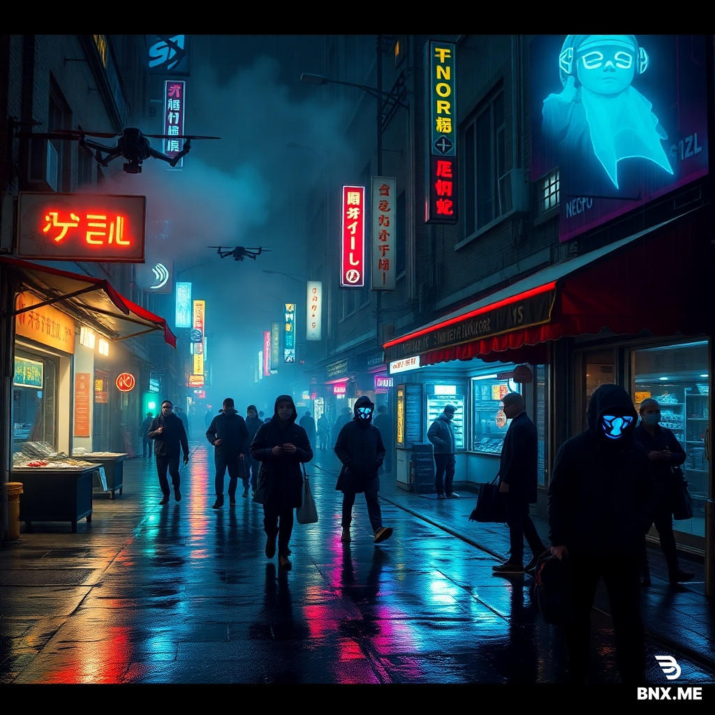 Cyberpunk rainy street at night, neon reflections on wet asphalt, street vendors with hologram menus, people wearing tech-augmented masks, steam rising from vents, drones scanning the street, heavy atmosphere, cinematic lighting, ultra-detailed, gritty dystopian mood.