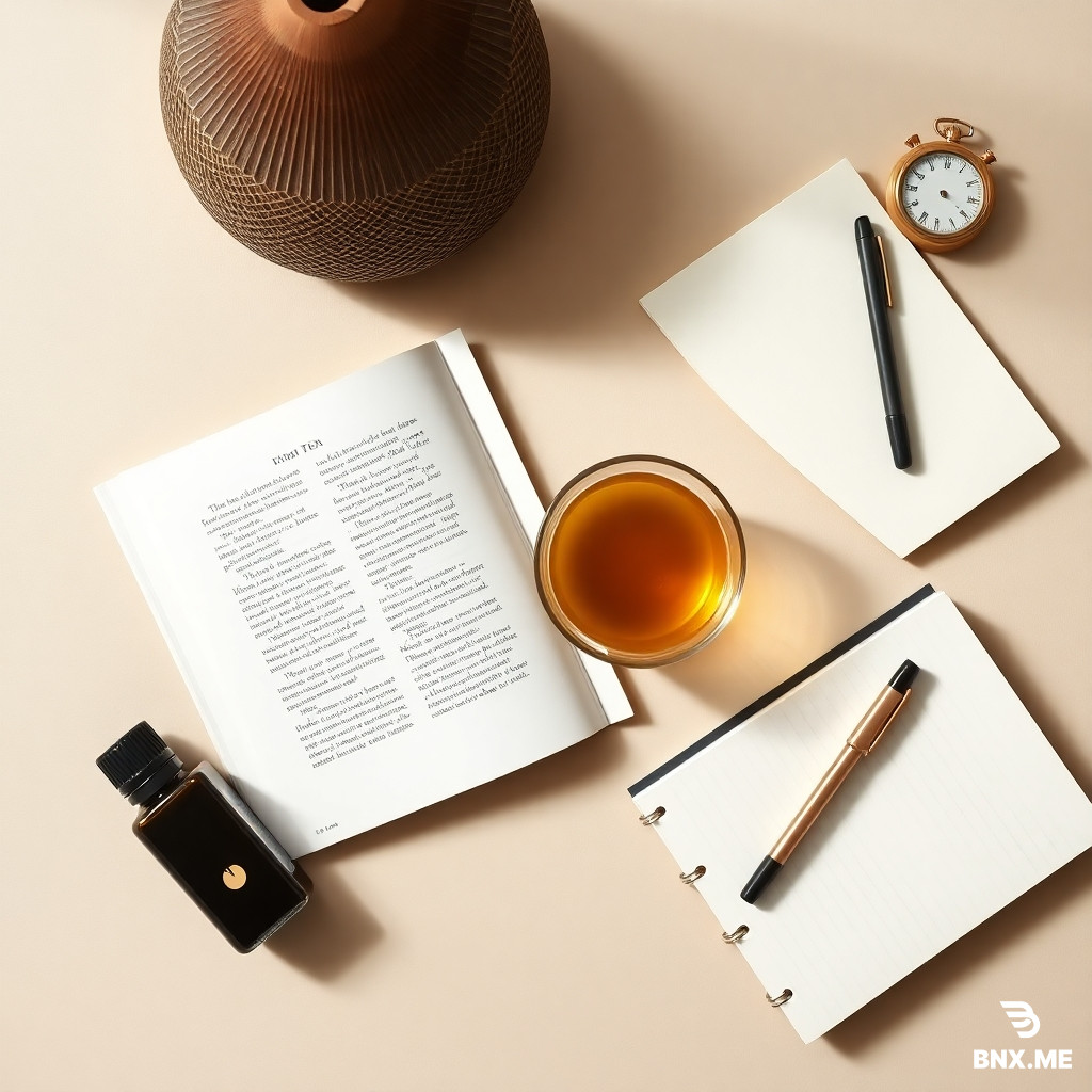 Digital detox flat lay : open book, herbal tea, essential oil diffuser, notebook, fountain pen, analog timer. No phone, no screen. Soft beige and sage green background. Natural light. Minimalist, calm, hygge style. Product photography. »