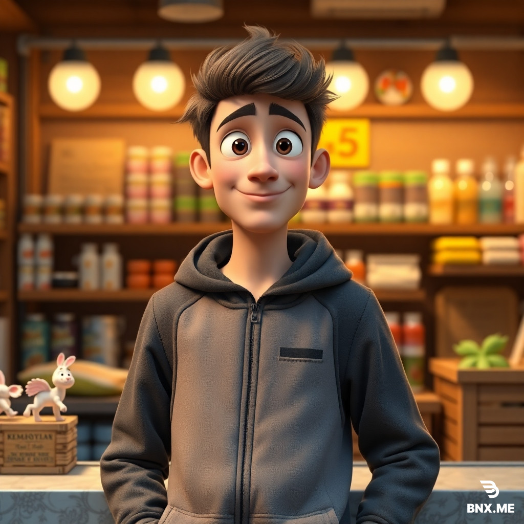 Создай концепт-арт молодого парня 22–25 лет для мультфильма в стиле Pixar. Он продавец освещения в небольшом семейном магазине. У него доброе, открытое лицо с лёгкой улыбкой, в глазах — искренний интерес к людям. На нём удобная рабочая одежда: тёмно-синяя рубашка с закатанными рукавами, поверх — практичный фартук с карманами, где лежат образцы лампочек и маленькие инструменты. В руках он держит стильный настольный светильник, будто хочет показать его покупателю. Вокруг — уютный магазинчик: полки с лампами, абажурами и гирляндами, мягкий тёплый свет, на полу — аккуратные коробки. Атмосфера дружелюбная и домашняя, будто в этом магазине всегда рады каждому гостю. Стиль Pixar: плавные формы, выразительная мимика, насыщенные, но естественные цвета, кинематографичное освещение, высокая детализация текстуры ткани, дерева, стекла. Соотношение сторон 16:9