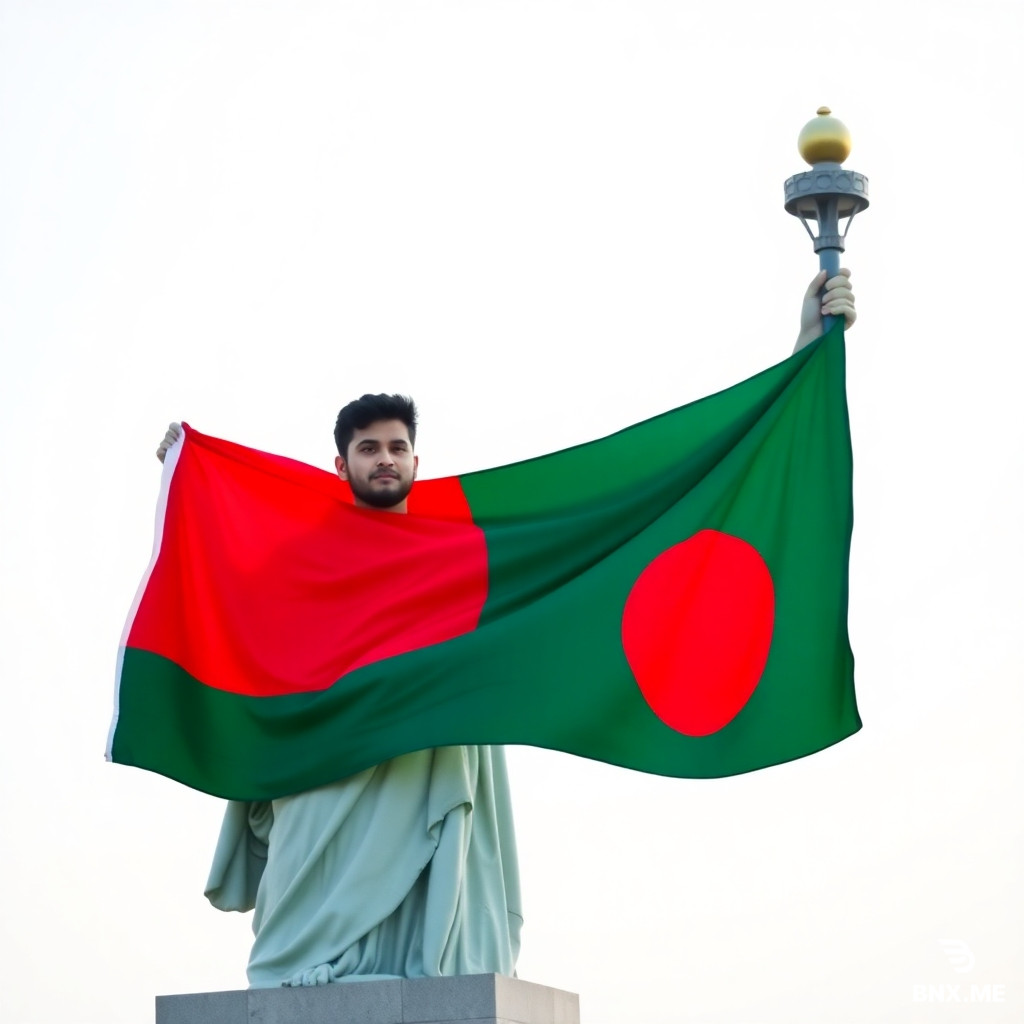 A Bangladeshi guy holding the Bangladeshi flag on the top of the Statue of Liberty
