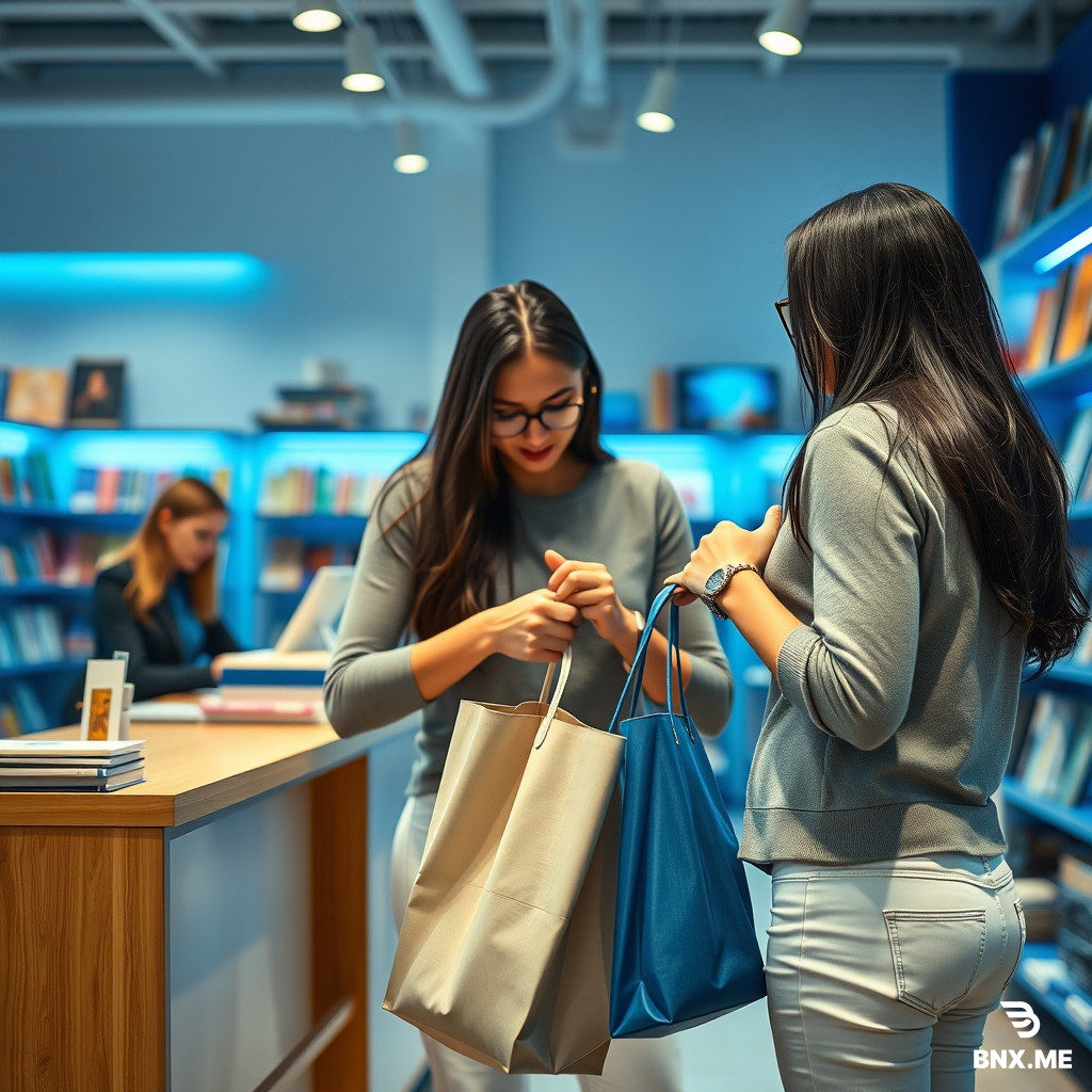 A medium shot of a Close-up shot of the customer (40-year-old woman, black hair, blue eyes, white jeans) packing her bag angrily, ready to leave the store. In the background, the manager (wheat hair, glasses, slim) is sitting with her head down in despair. The store background shows blue and white shelves with colorful books and stationery. Emotional tension, dramatic shadows, photorealistic, 9:16 aspect ratio. --ar 9:16 scene inside a modern book and stationery store with blue and white interior design (white walls, blue shelves, blue accent lighting). An angry 40-year-old woman with long black hair, blue eyes, wearing white jeans, is arguing loudly with the store manager. The manager is a slim woman in her 30s with wheat-colored hair, wearing glasses and a worried expression, leaning back behind the wooden counter. The atmosphere is stressful. Ambient lighting, realistic style, 4K, cinematic composition. --ar 9:16