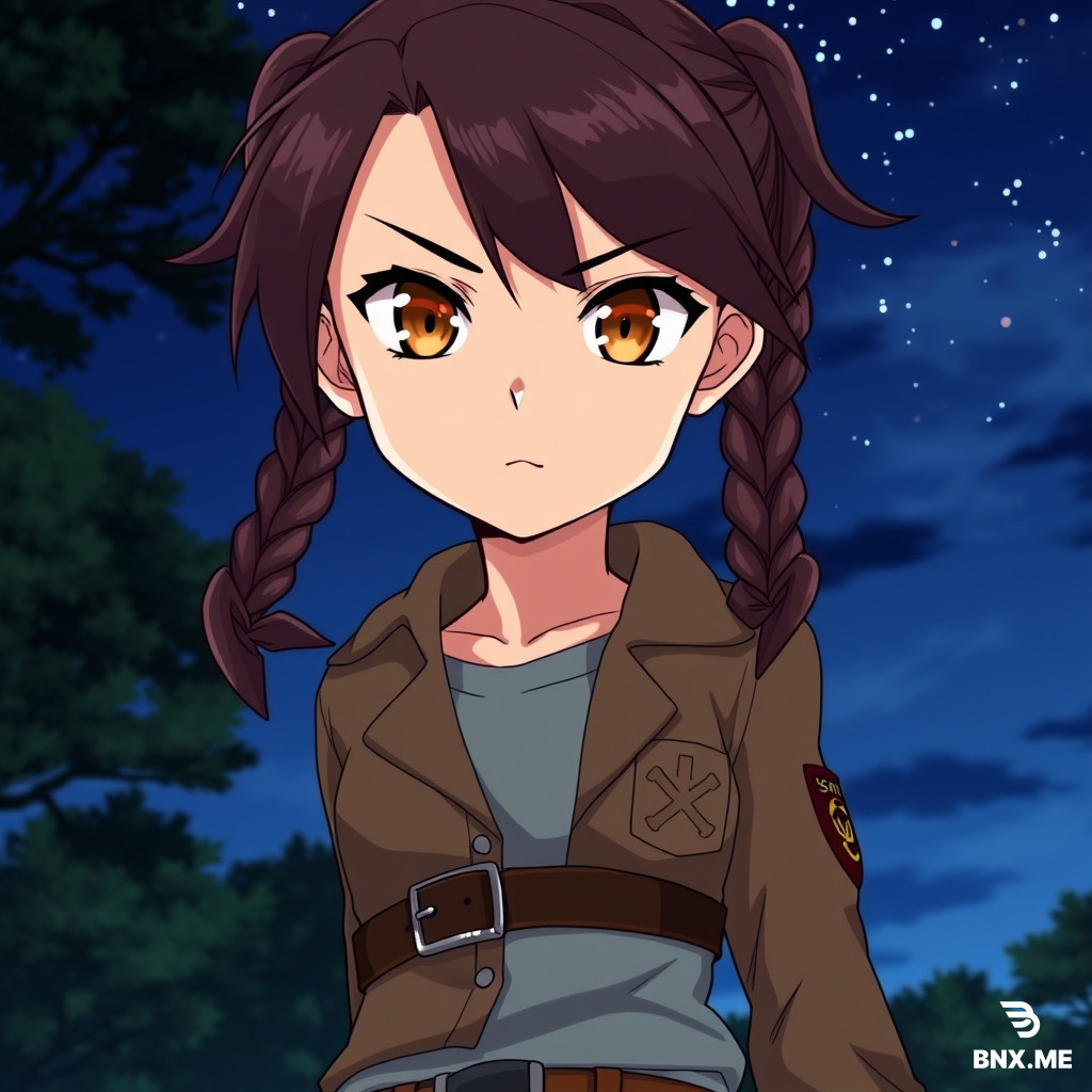 A young girl (shingeki no kyojin artstyle) with light skin and slim build, two dark brown braids with slight cherry shade, amber eyes, thigh strap, belt, uniform, survey corps (emblem), light blue T-shirt underneath a brown jacket, background of the night sky, trees, stern, determined look