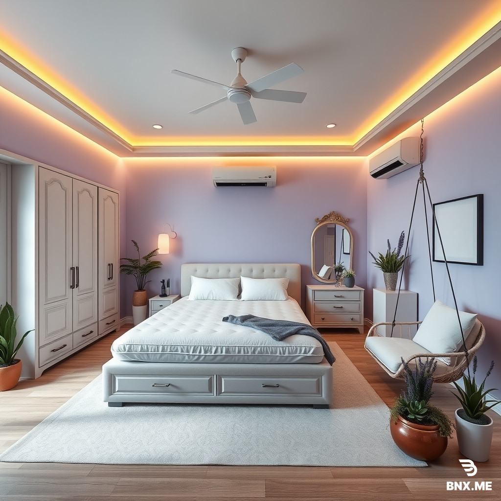 "Photorealistic wide-angle interior photograph of a luxurious master bedroom. Soft lavender and soft blue walls, off-white ceiling. A large king-size bed with plush white mattress and pillows in the center. On the left wall: a tall free-standing wardrobe looking like a built-in wall wardrobe, push-to-open doors, no visible handles, warm LED strip glowing on top. Next to the wardrobe: an elegant dressing table with a large mirror, surrounded by warm vanity lights, small drawers below. In the right corner: a hanging swing chair (hanging from ceiling) with soft cushions. On the front wall: a home theater projector mounted, projecting onto a blank wall. On both sides of the bed: small bedside tables with snake plant, aloe vera, and fresh lavender flowers in ceramic pots. Near the window: a small indoor garden corner with more green plants, snake plant, aloe vera, and lavender in beautiful pots. A 1-ton split AC on the wall. A smart LED ceiling light glowing softly. A charging ceiling fan in the center. Warm cozy spa-like relaxing atmosphere, natural window light, shot on Canon EOS R5, 24mm wide angle lens, f/8 aperture, ultra-realistic, 8K, high detail, architectural photography style"