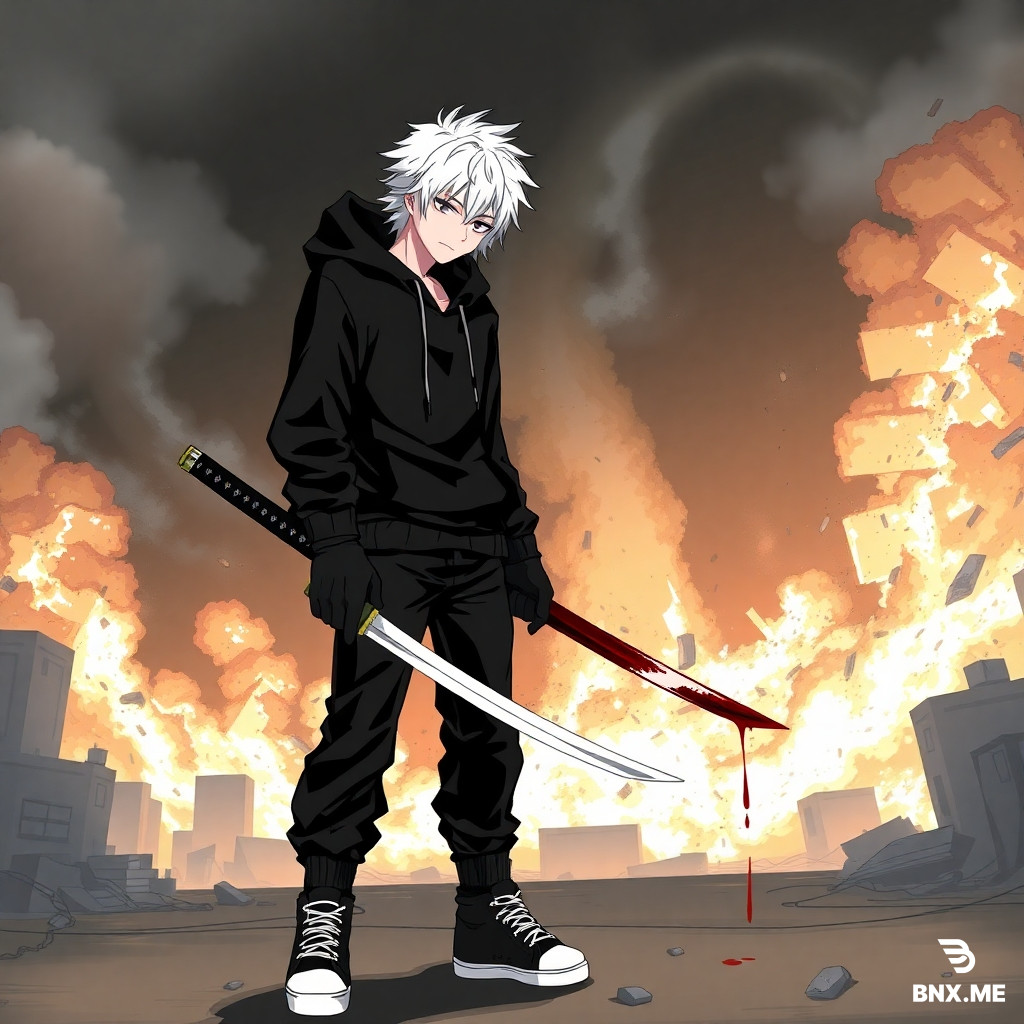 A male anime character with white hair, a black hoodie (the hood is not on his head), black pants, black sneakers, and black gloves. He holds a samurai sword in his right hand, from which blood is dripping. The background of the image is an exploded building. The image is with very high detail. Anime style.
