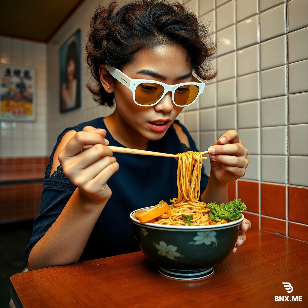 Stable Identity First Same model. Exact facial geometry preserved. Natural freckles, warm-beige undertones, visible skin texture and pores, baby hairs along hairline, curly hair with two loose face-framing strands, no beauty smoothing or face change. Scene + Styling Small Asian diner (authentic, slightly worn). Harsh direct iPhone flash look - crisp highlights, deep hard edged shadows on tiled wall. Outfit: Navy top with crochet-cut shoulders + stitch detailing- Accessories: Retro white-rim sunglasses with yellow lenses Hair: Slightly wot fexturo, flyaways visible Action Seated at wooden table, leaning forward, mid-bite long noodles stretching from chopsticks to mouth. Bowl includes glossy noodles, beof slices, fresh greens. Camera + Mood iPhone 15 Pro realism. Wide 24-26mm perspective, eye-level framing. Hiah clarity, aritity atreet.diner vibe. No ulastic Iki