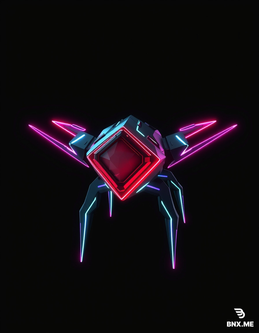 Style: TRON Legacy-inspired, cyberpunk, digital circuitry, low-poly stylized, emissive neon lines, sharp geometric shapes, black base material with glowing cyan and purple energy accents, no organic shapes, no photorealism, clean topology, game-ready asset, T-pose or neutral pose, isolated on pure black background, transparent PNG for 2D, PBR-friendly for 3D. 3D game enemy, small fast cyber creature, diamond-shaped crystal core with four needle-like legs, two spinning ring wings around it, sharp geometric, red glowing emissive body (#ff2d55) with darker metallic interior, low-poly, 200 triangles, isolated, transparent background, game-ready. [Universal 3D suffix]