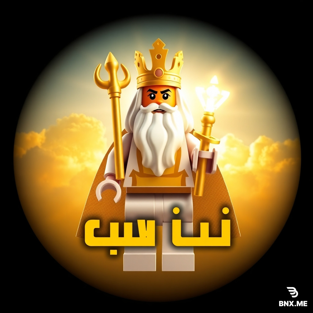 A circular icon for a YouTube channel, square format 1:1. In the center, a powerful Lego god figure with a golden crown, a long white beard, and a glowing magical staff made of Lego bricks. The god is wearing white and gold robes. Behind him is a bright sky with golden clouds and divine rays of light. The text "خدای لگو" is written in large bold golden Persian letters at the bottom of the image. The text is clear and readable, placed on a dark golden glowing background for contrast. Epic, majestic, and clean composition. Lego stop-motion style. Bright golden and blue colors, 4k quality.