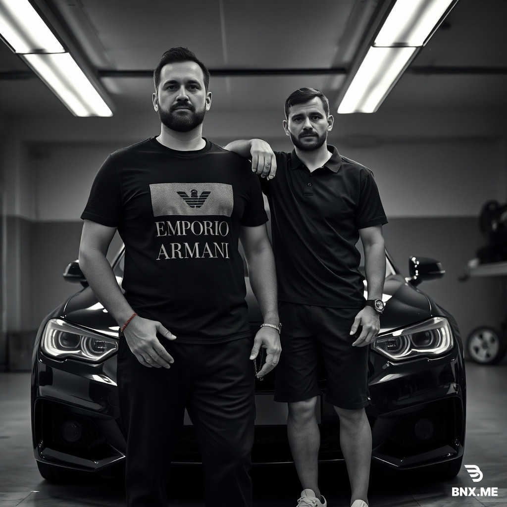RAW photo, black and white, ultra high contrast. Two men standing in front of a cheap black car in a realistic garage. Fluorescent ceiling lights, dust particles visible in light. Left man: tall, hairless arms and face (no beard, no mustache, clean shaven, smooth skin), wearing a black t-shirt with a large grey 'EMPORIO ARMANI' printed logo on the chest and 'MANEEA' text below it, wearing black trousers, a simple bracelet on his wrist, holding prayer beads in his right hand. Right man: also completely clean shaven, no facial hair, he is slightly taller, wearing a black polo shirt, black shorts, white sneakers, his arm is resting on the left man's shoulder. Professional fashion photography, shot on Hasselblad, 64 megapixels, sharp skin texture, hyper-realistic, natural poses. --ar 4:3