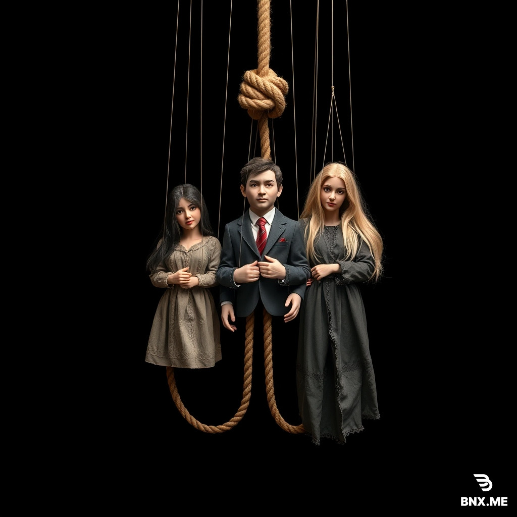 ional theatrical poster design in vertical portrait format with a 2:3 aspect ratio. The background is completely pure black, creating a dark, minimalist, and haunting atmosphere.  At the top of the frame, a single thick coarse rope is suspended vertically from above. At the bottom end of this thick rope, there is a single prominent overhand knot (a granny knot). From this central knot, the rope splits into three separate execution ropes that hang downward in a wide M-shaped formation.  Each of these three ropes is wrapped tightly around the neck of a life-sized marionette puppet, strangling them: - Left rope: wrapped around the neck of a female puppet with long dark hair, wearing a tattered vintage dress. - Center rope: wrapped around the neck of a male puppet with short disheveled hair, wearing a worn-out formal suit. - Right rope: wrapped around the neck of a female puppet with long flowing light hair, wearing a torn theatrical gown.  The ropes are pulled tight around their throats, visibly compressing their necks. The puppets are completely limp, lifeless, and motionless. Their bodies hang straight down with no tension. Their heads are tilted slightly forward, arms dangling loosely at their sides, feet pointing downward. Their faces are expressionless, with half-closed or empty eyes, creating a sense of stillness and finality.  The overall mood is dark, tragic, eerie, and deeply theatrical. It evokes a sense of melancholy, loss, and surreal drama. It is NOT meant to be gory, bloody, or horror-like—it is poetic, symbolic, and emotionally heavy.  A dramatic single spotlight shines from directly above, casting a focused beam of light that illuminates only the thick rope, the central granny knot, the three M-shaped execution ropes, and the three strangled puppets. The rest of the composition remains in deep shadow.  The visual style is cinematic, photorealistic, and highly detailed. 8k precision.