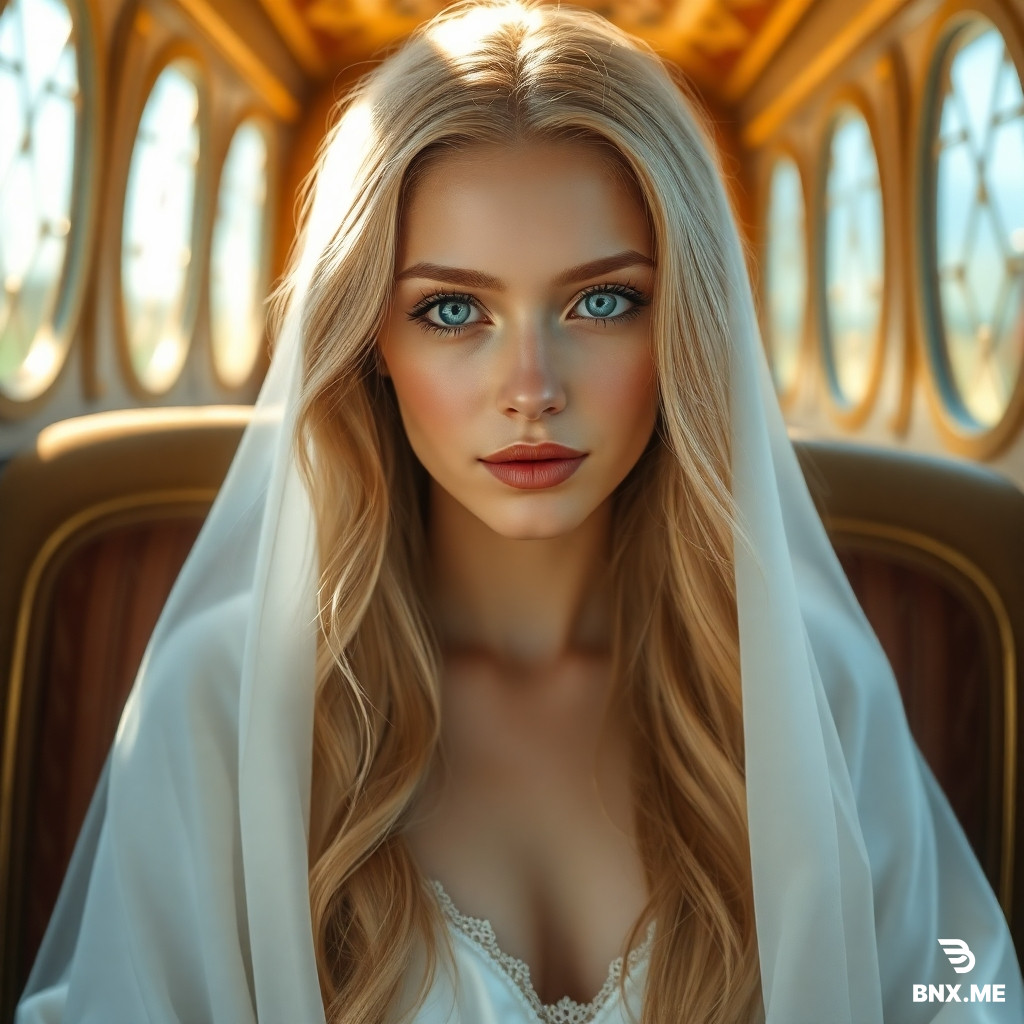 human priestess, golden long hair, clear blue eyes, oval face, double eyelids high nose bridge like saintess in painting, E-cup holy breasts, slender waist, fair skin with pearl luster, white silk stockings, devoted yet tender expression, fantasy carriage interior, sunlight, detailed face, soft lighting, 8k, masterpiece, best quality
