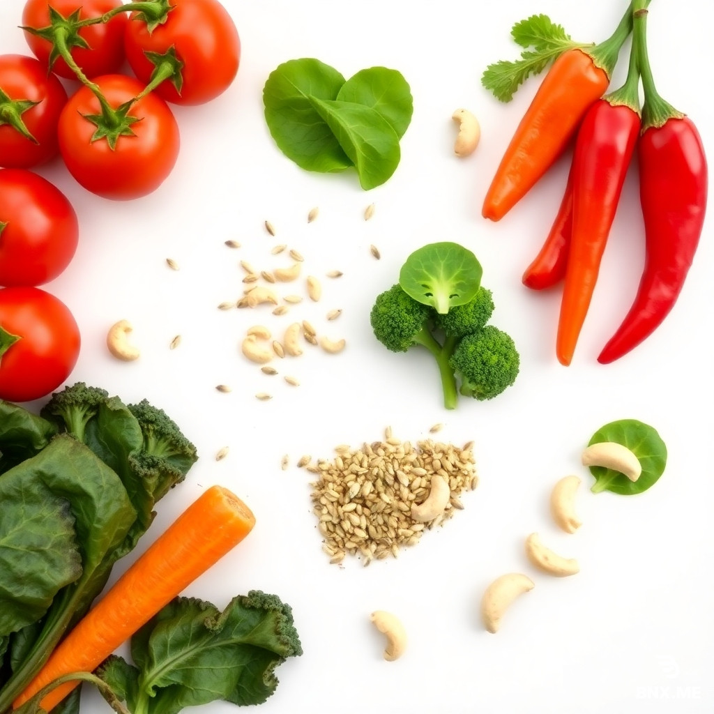 colorful plate with red (tomatoes, peppers), green (spinach, broccoli), orange (carrot, pumpkin), seeds, cashews, the plate should be on an immaculate white background