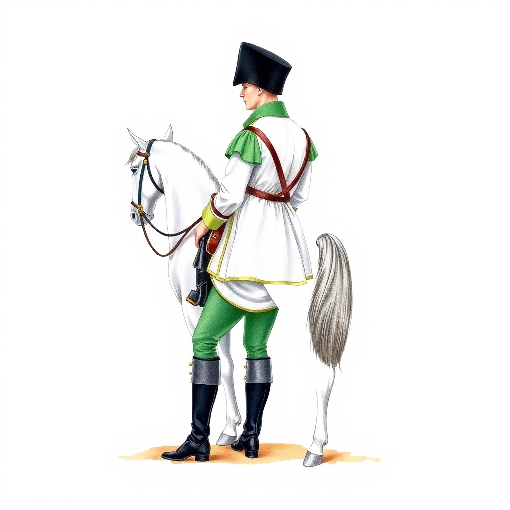 Historical military illustration of a horseman soldier of 18 century, side profile facing left. He is wearing a tall black Flugelmutze hat. He has a white polish style tunic with light green cuffs, collar, lapel, short sleeves with light green piping, without epaulettes. He wears knee-length green trousers and black boots and spurs. He is holding a sword with a brass hilt, with the scabbard sloping behind him. The art style is a detailed watercolor and ink drawing on a white background with delicate shading and a hand-drawn aesthetic.