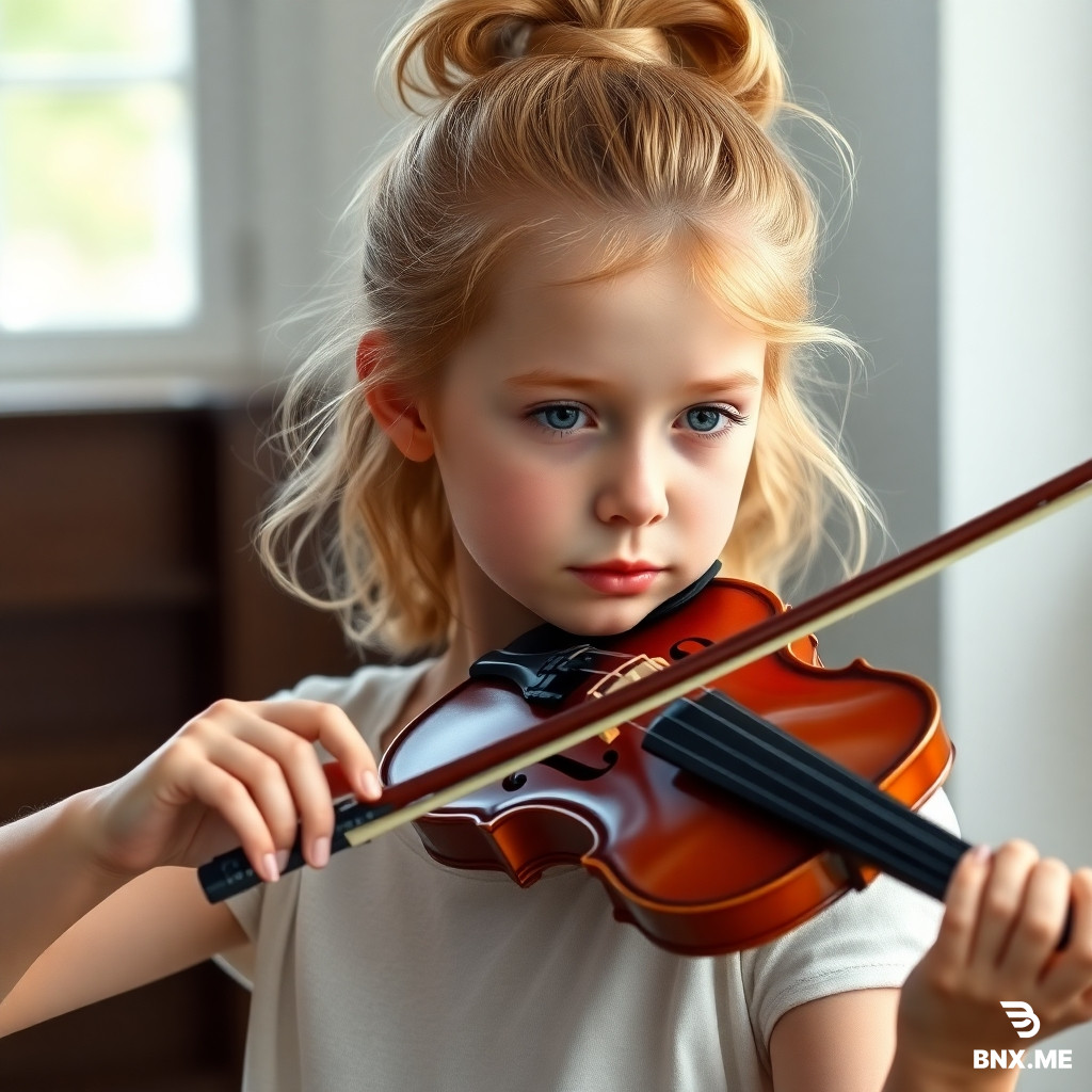 A 13-year-old girl with light strawberry-blonde wavy hair tied in a high ponytail on top of her head. She has a narrow, delicate face, fair skin, and a pear-shaped body type. She stands about 160 cm tall. She is passionately playing a violin, holding the bow gracefully. Soft natural lighting, portrait style, realistic art