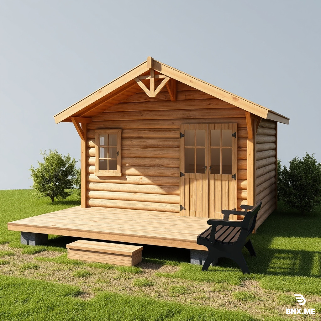 add a wooden hut with pent roof, 3.2m wide 3.5m deep, with a wood platform in front 3.2m wide by 2.5m deep the platform to start from where the black bench is in the image, make it have a pent roof with the lower side on the left (6degree roof pent pitch) raise the hut and the platfrom 1m high set on blocks