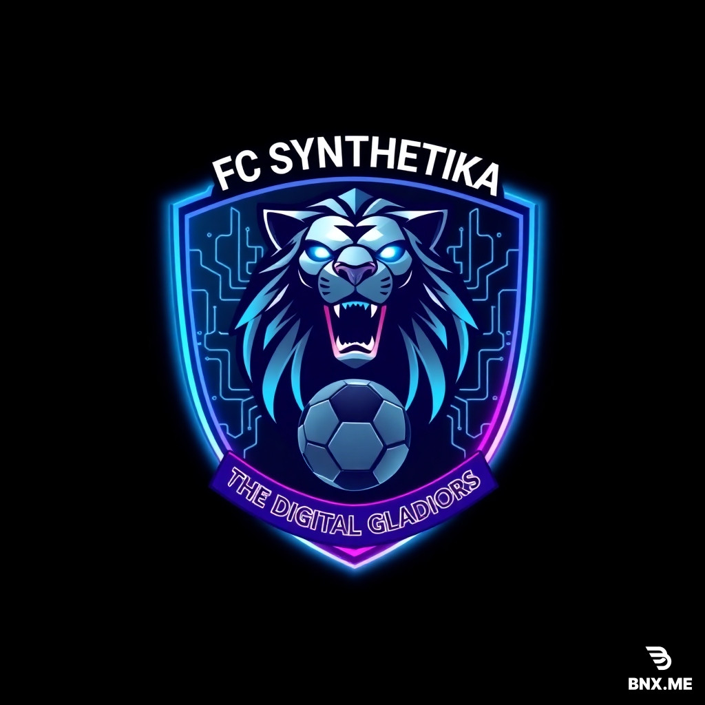 A sleek, modern football club crest logo for a team called "FC SYNTHETIKA". The emblem is shield-shaped with a dark metallic titanium background and glowing neon cyan and electric purple borders. In the center of the shield, a stylized robotic lion head with glowing blue cybernetic eyes, roaring proudly. Behind the lion, a subtle digital circuit board pattern and a football with data stream lines around it. Above the shield, the team name "FC SYNTHETIKA" in a bold futuristic sans-serif font, and at the bottom a small banner with the motto "THE DIGITAL GLADIATORS". The overall style is futuristic, sci-fi, cyberpunk, high contrast, 4k, vector style.