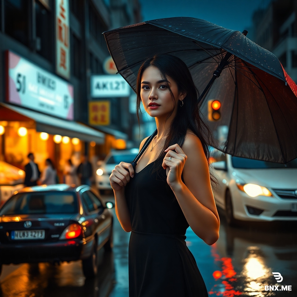 Create a hyper-realistic image, 4K quality, of a beautiful and slender woman on the street, night, rainy weather, people shopping in the market, cars waiting at a red light, rain is also visible on the woman's clothes and the street, artificial light, the woman is wearing a black dress, she is also holding an umbrella, the camera angle is a general view so that all the details of the image are visible, natural skin texture, realistic style