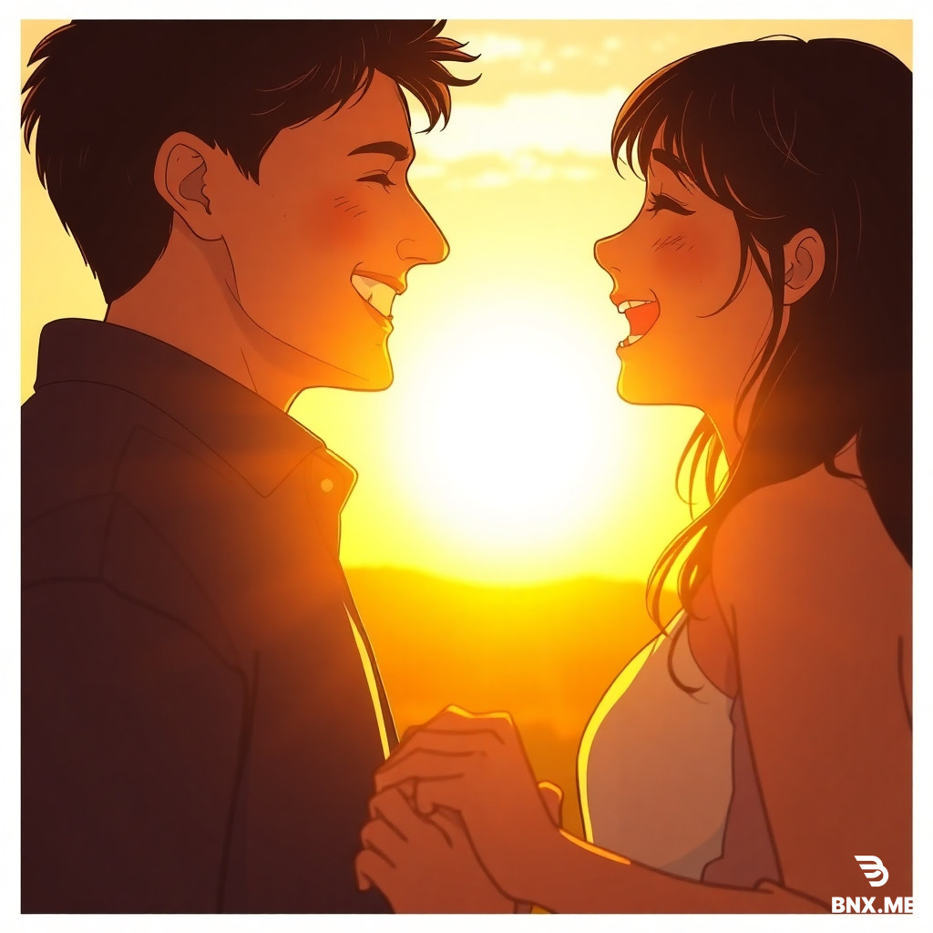 Close-up shot of a couple laughing together under a warm sunset (Golden Hour), soft sunlight shining through their hair, holding hands, but the edges of the frame are fading away like a dream, anime style, nostalgic and bittersweet.
