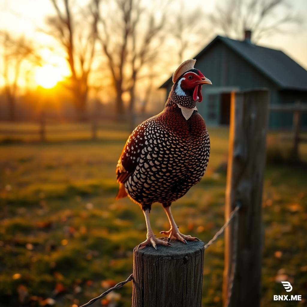 Realistic partridge with tiny bonnet and waistcoat, perched on a wooden fence post in a rural 1880s Minnesota farmyard, autumn leaves on the ground, golden sunset light. The bird is in a natural perched position, not standing upright. No humans, not anthropomorphic.
