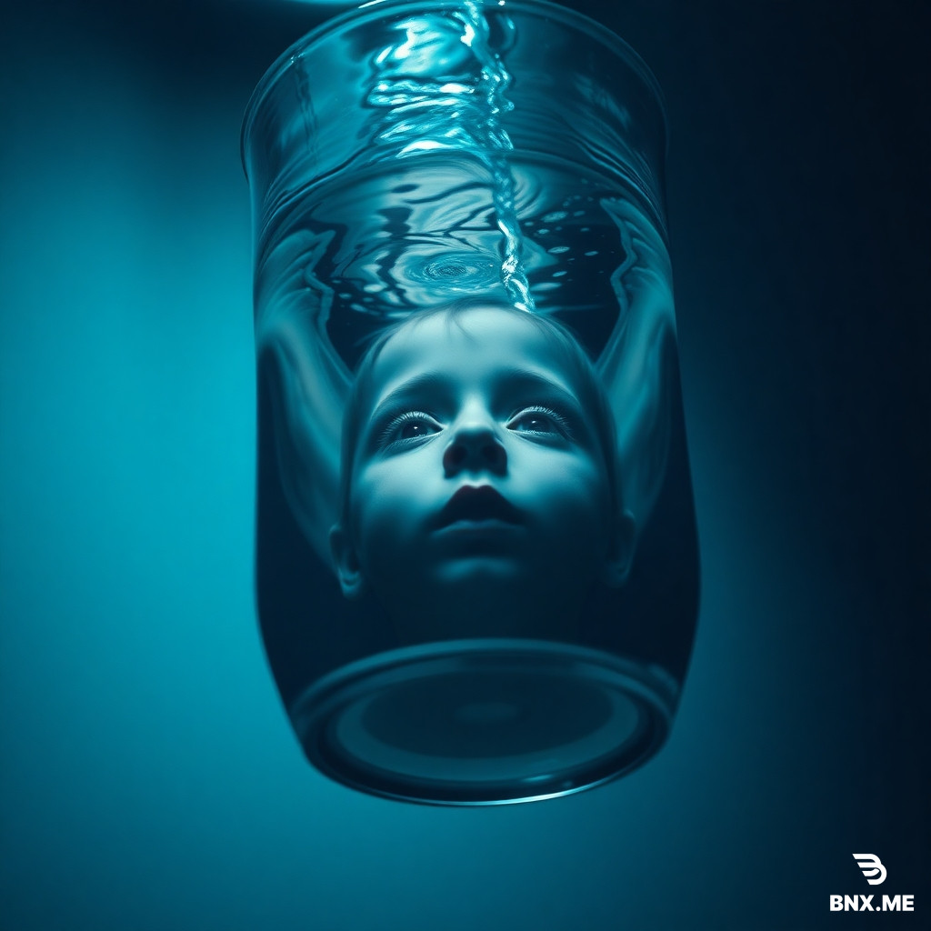 Bottom view of a water glass, looking up through the water, a fainting amiling face of a child appears at the bottom of the glass, distorted like ripples, dark room, blue cold tones, creepy and mysterious, photorealistic, cinematic, 16:9.