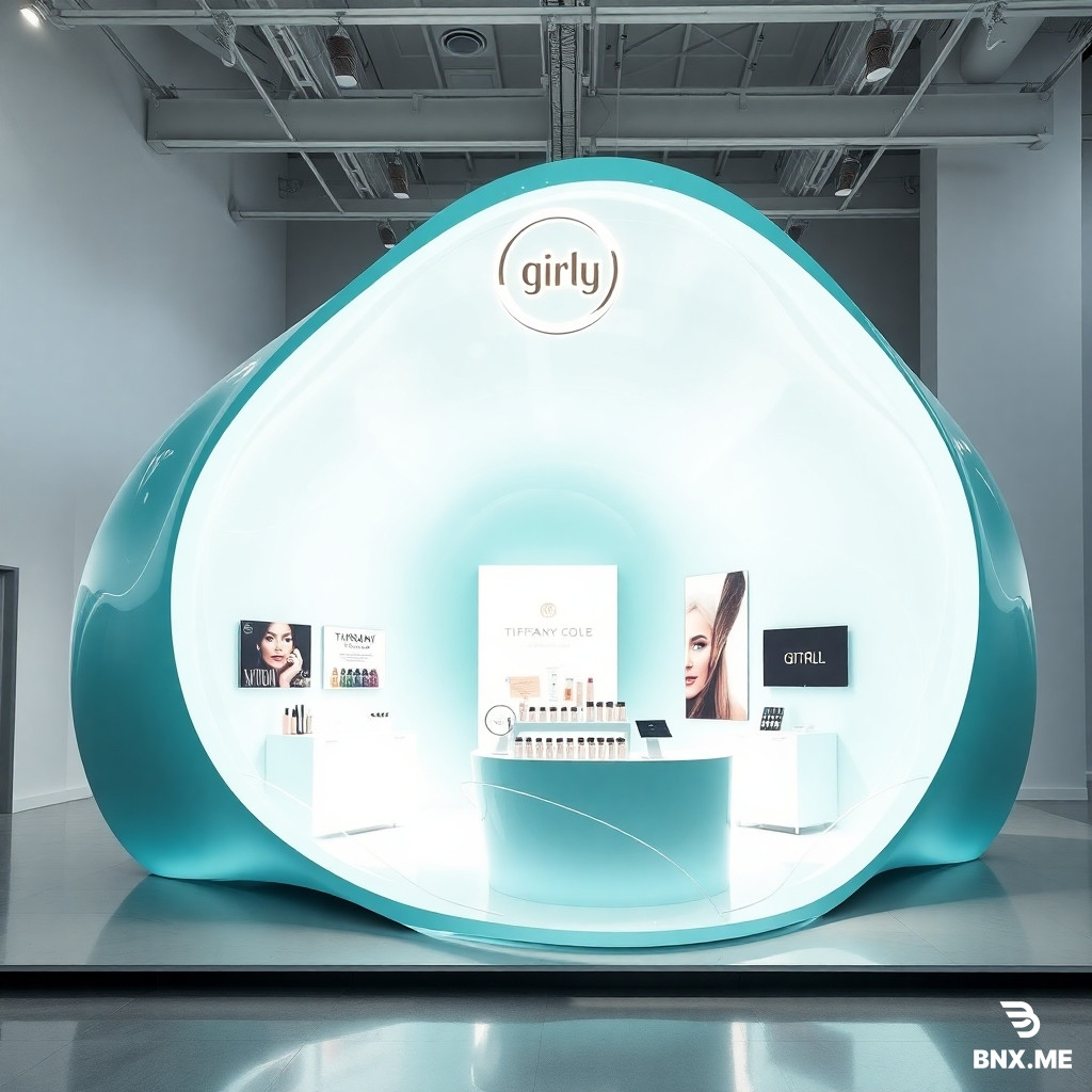 Exhibition stand, modern style, smooth lines, complex form, Tiffany color, futuristic, above it hangs a suspended structure with a logo, girly, minimalist, cosmetics advertising