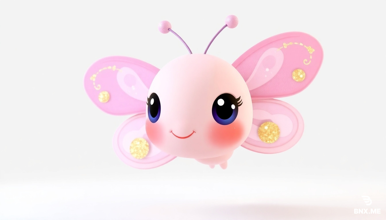 "3D animated character, a cute baby butterfly with pastel pink and purple wings with gold glitter patterns, big round dark eyes with tiny sparkles, delicate antennae with tiny tips, soft gentle smile, wings shimmering with sparkle trail, floating gracefully, Pixar/Illumination style, soft pastel colors, volumetric lighting, high detail, 8k resolution, white background with soft shadow for transparency."