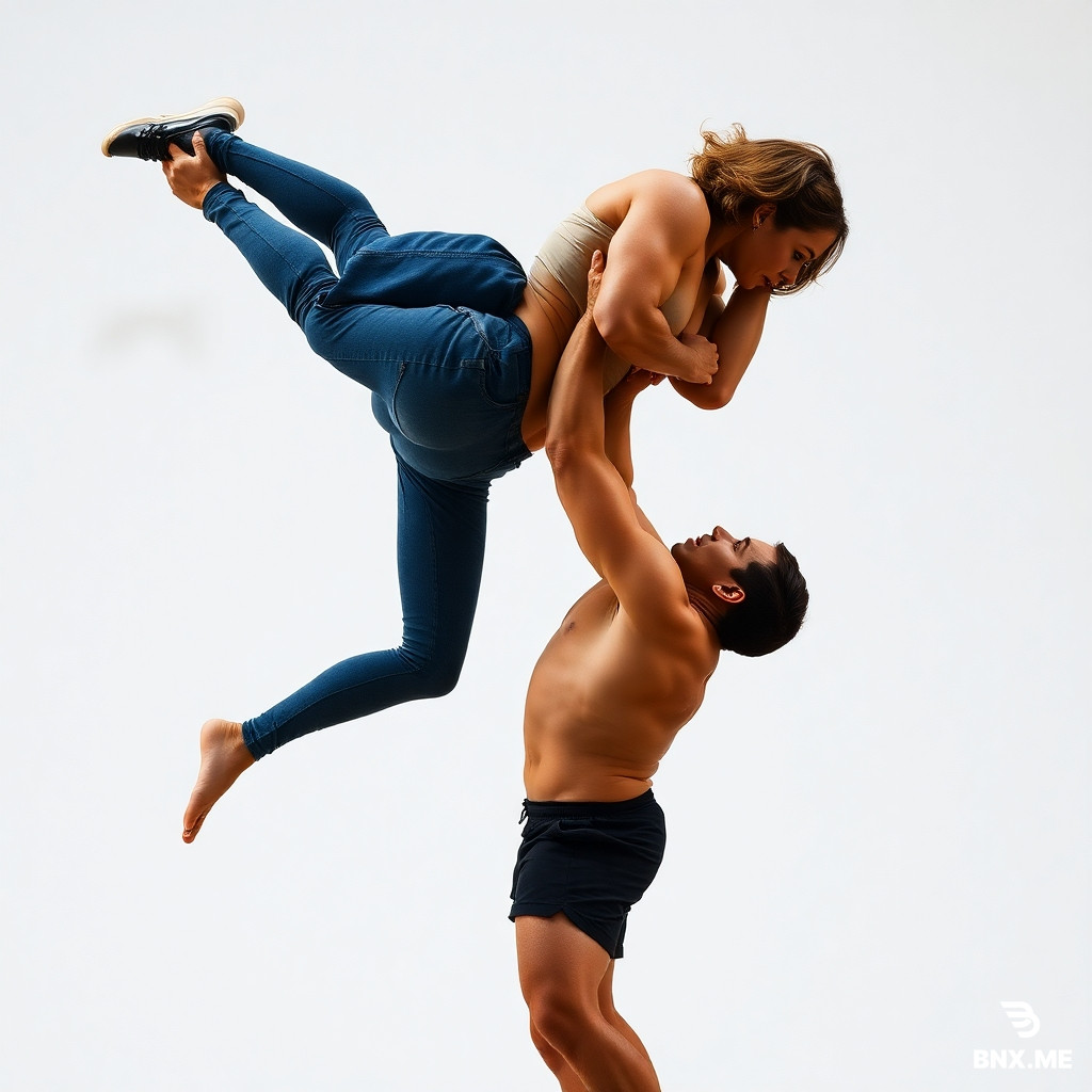 A huge, muscular woman grabs the man tightly around the waist and lifts him high with one swift motion. She rotates him in the air with precise, controlled strength, turning his body effortlessly while keeping perfect balance. Her power is undeniable, her movements fluid and dominant.