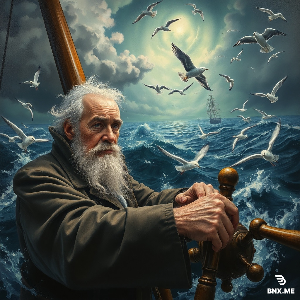A detailed oil painting of an old sea captain, steering his ship through a storm. Saltwater is splashing against his weathered face, determination in his eyes. Twirling malevolent clouds are seen above and stern waves threaten to submerge the ship while seagulls dive and twirl through the chaotic landscape. Thunder and lights embark in the distance, illuminating the scene with an eerie green glow.