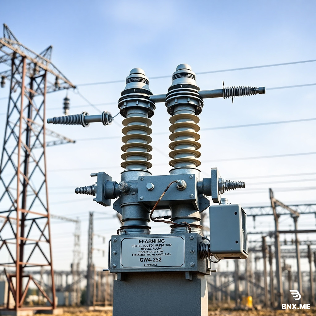 Photorealistic, high-resolution outdoor shot of a 220kV substation disconnector (isolator switch), model GW4-252, double-column horizontal rotating structure. Two porcelain post insulators mounted on a hot-dip galvanized steel base. Main conductive arm made of aluminum alloy tube, with silver-plated copper contact fingers and fixed contact. One side equipped with an earthing switch (grounding blade). In the background, steel lattice towers, busbars, and other switchyard equipment. The disconnector is in the closed position, showing visible electrical clearance. Operation mechanism box (motor-driven) attached to the B-phase base, with interconnecting rods to A and C phases. Clear sky, industrial environment. Technical accuracy, no artistic distortion. 8K, shot with 35mm lens, depth of field.