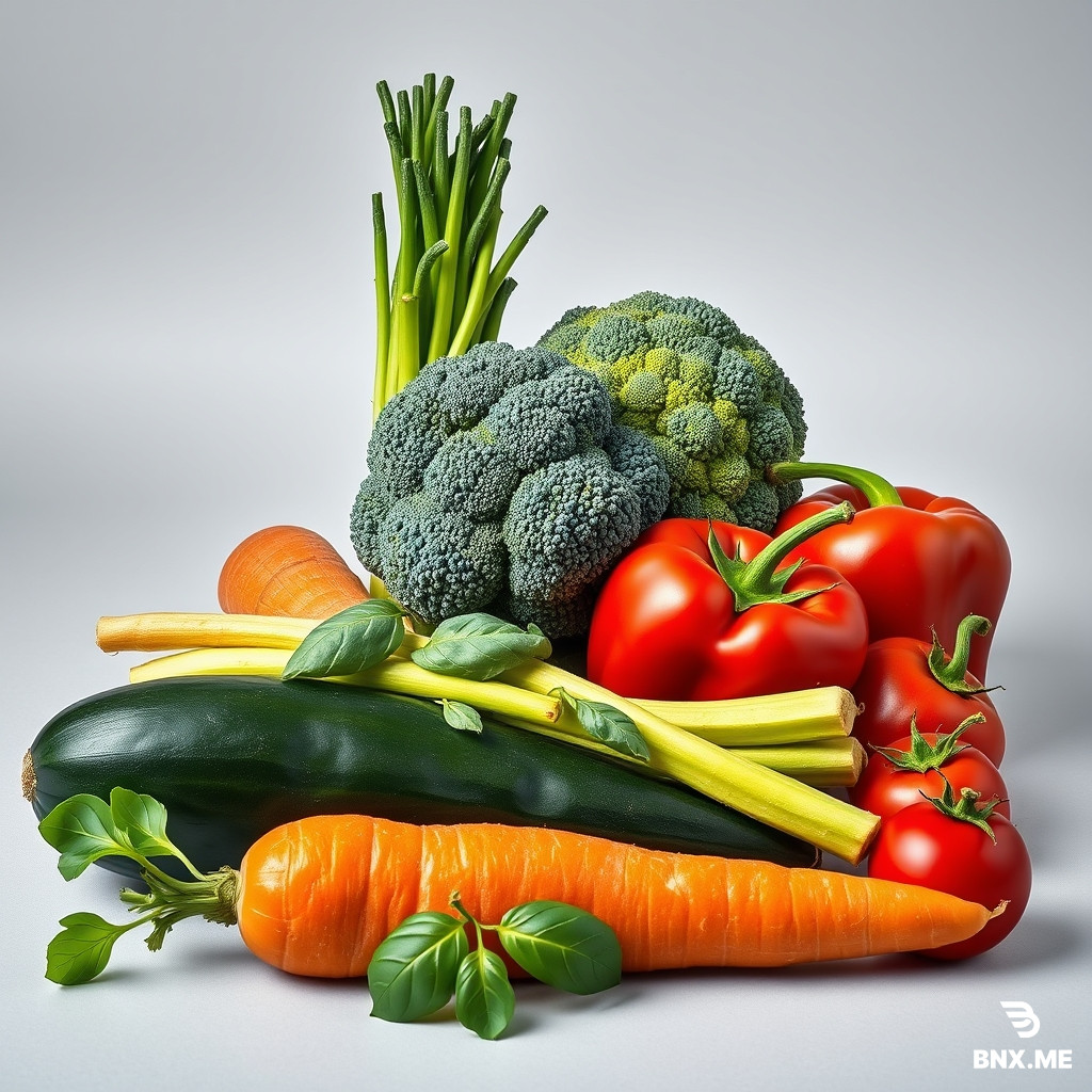 A hyper-realistic 4K studio photograph of an arrangement of fresh vegetables on a seamless light gray background. Center back: a tall, vibrant green broccolini with long stems. Left back: a large, textured head of broccoli. Right middle: a glossy red bell pepper. Right foreground: two bright red tomatoes with green stems. Center foreground: a whole orange carrot lying horizontally. Left foreground: a dark green zucchini lying horizontally with fresh basil leaves attached to its stem. Soft, diffused studio lighting, crisp focus, highly detailed textures, vibrant colors, commercial food photography, 8k resolution, photorealistic. --ar 1:1