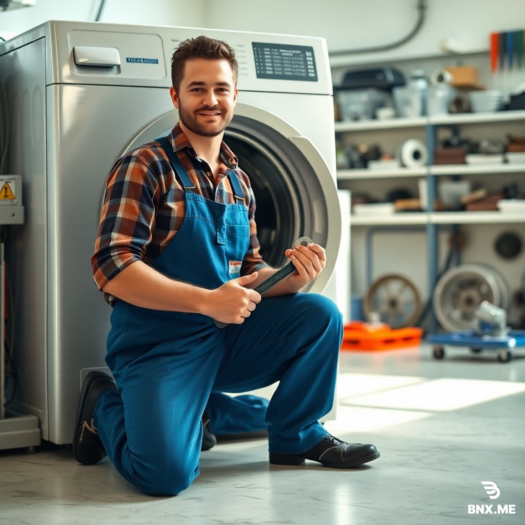 A repairman in a blue work overalls kneeling in front of an open washing machine, holding a wrench in his hand, a bright workshop with spare parts in the background, photorealistic style, daylight lighting, high detail.