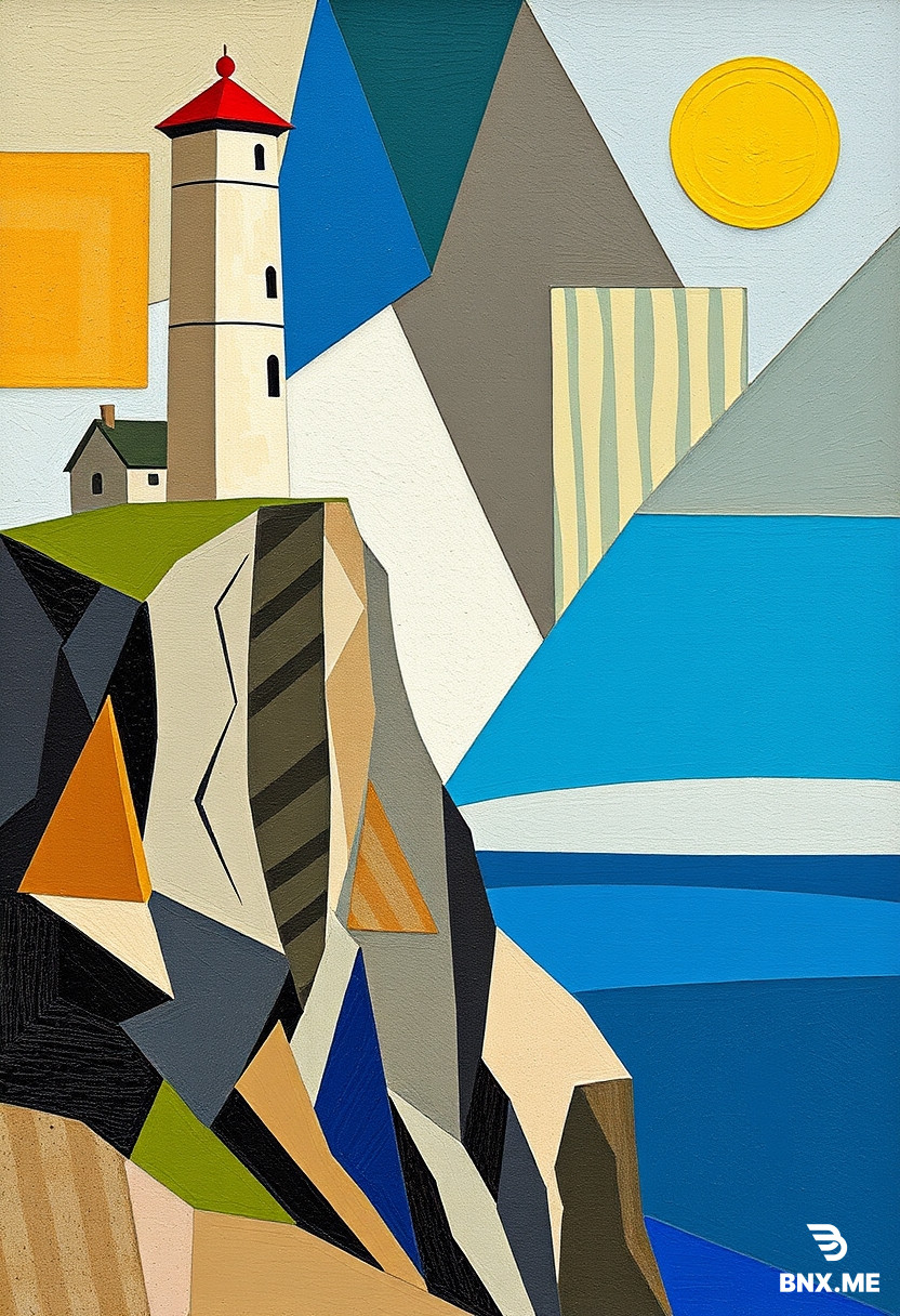 An old lighthouse on a high cliff by the ocean, Cubist style, geometric shapes, in the manner of Pablo Picasso’s works