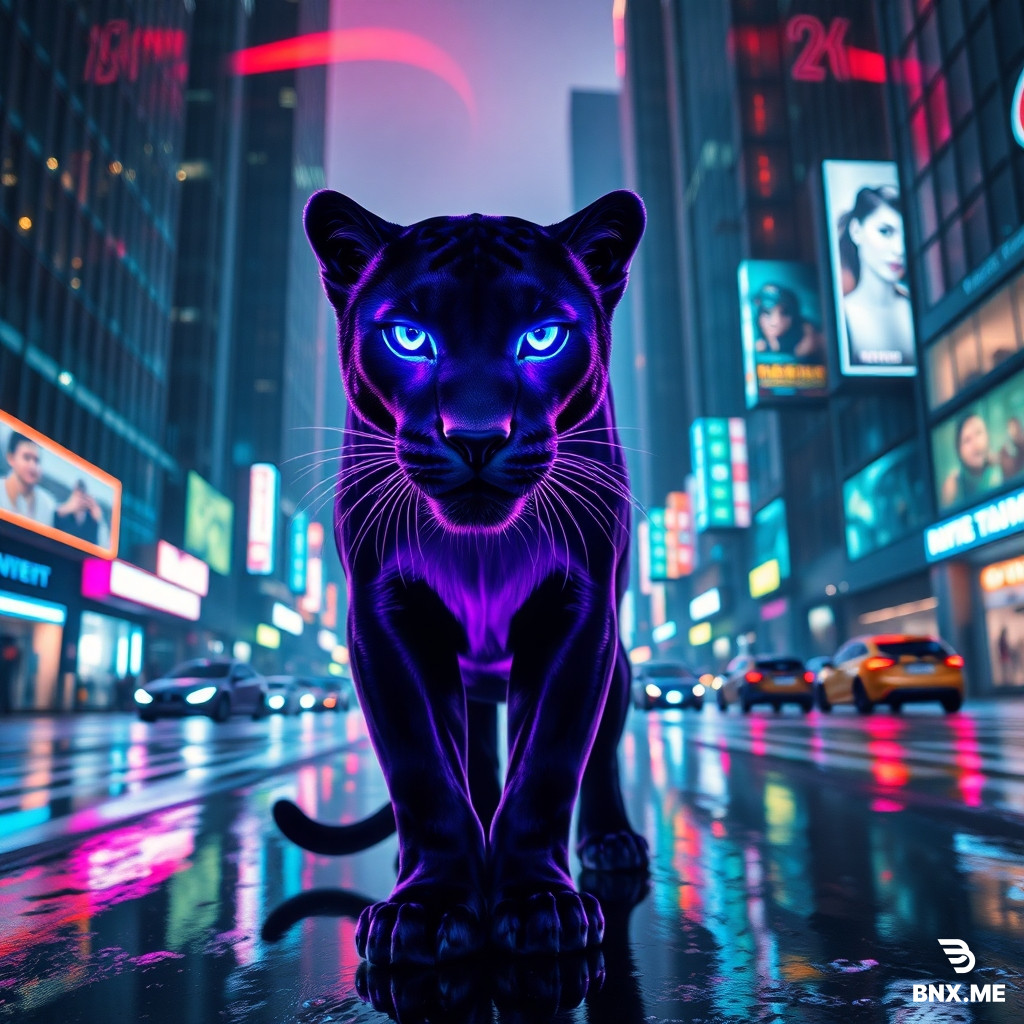 A panther with glowing blue cybernetic eye implants, a sleek, advanced body reflecting soft purple neon light, standing in the middle of a bustling cyberpunk city. The background is filled with towering modern buildings adorned with subtle neon lights. Holographic advertising signs flicker, and neon-lit gadgets fly rapidly through the air. The city is rainy, with wet streets reflecting both the lights and the panther’s body. Nature subtly contrasts with the digital city elements, creating a harmonious tension. Camera angle from low to high, 35mm lens controlling depth, clearly showing the surrounding environment. The scene evokes excitement and intensity, with ultra-detailed lighting and intricate details in every part of the image. 4K ultra-definition.