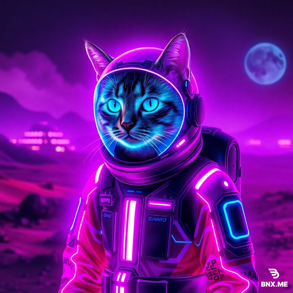 Generate a cyberpunk style image of a cat in a neon-lit spacesuit on Mars. Purple and cyan neon lights, futuristic domed city in background, dark moody atmosphere, digital art, volumetric fog.