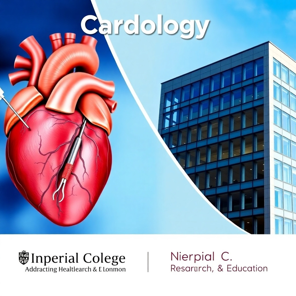 Realistic medical poster. Left side: a detailed human heart and surgical tools. Right side: a modern university building. Text at top: "Cardiology". Text at bottom: "Imperial College London" and "Advancing Healthcare, Research & Education". Professional medical style. 4k.
