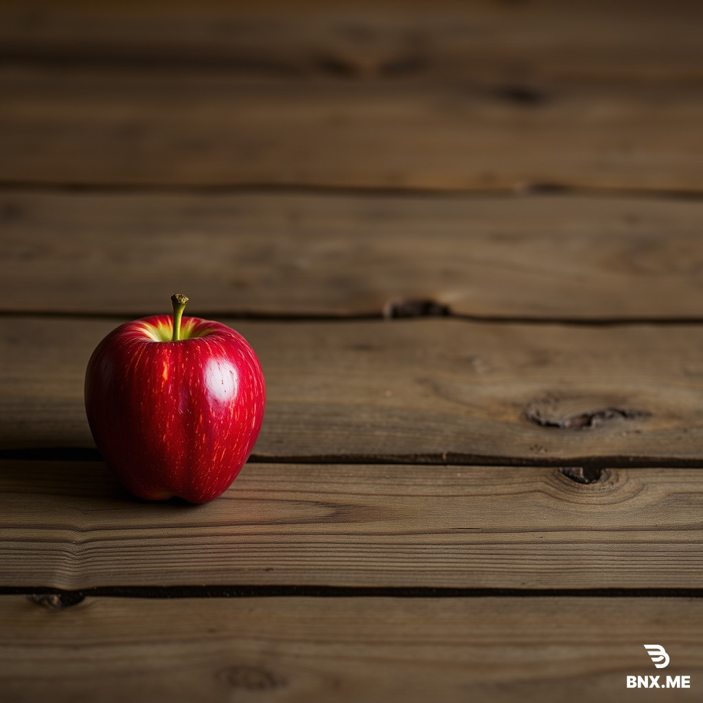 a red apple on a wooden table