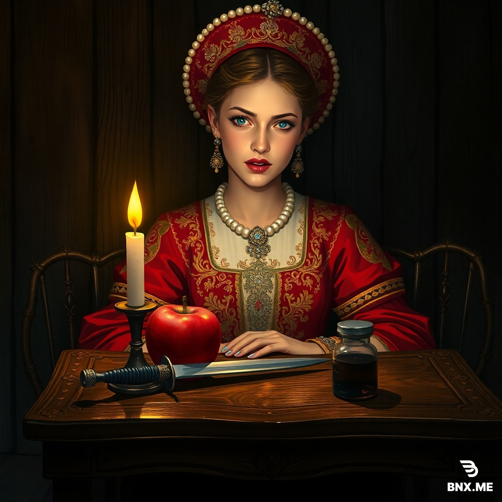 A detailed, cinematic fantasy illustration in the style of a classic Russian storybook, reminiscent of Ivan Bilibin but with modern digital painting detail. Square format, no text. Inside a dim wooden terem chamber, a young beautiful tsaritsa sits at a carved table. Her face is twisted with envy and cold rage, a cruel smirk on her lips. She wears a richly embroidered red and gold Russian court dress and a pearl kokoshnik. On the table before her rest three objects: a bright red apple, a curved dagger with a jewelled hilt, and a small dark glass vial of poison. A single candle burns on the table, casting dramatic shadows. The background is only the dark wooden walls of the terem. The atmosphere is dark, envious, regal, and poisonous. Highly detailed, textured, dramatic lighting, vibrant but natural colors. No extra characters, no duplicate.