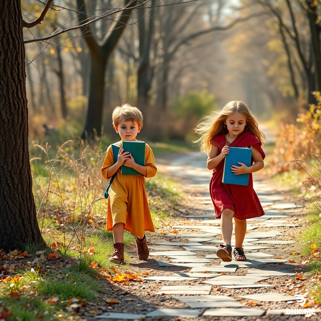 Create images of boys and girls of various ages from 4-16 carrying books  on a path of books with Christ in a 10-20