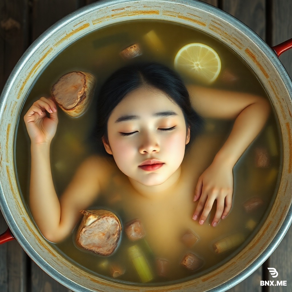 A beautiful high school Eastern Asian maiden lying in a big soup pot,whose body cut into roasted pieses,eyes closed,as real as photo,full of reality