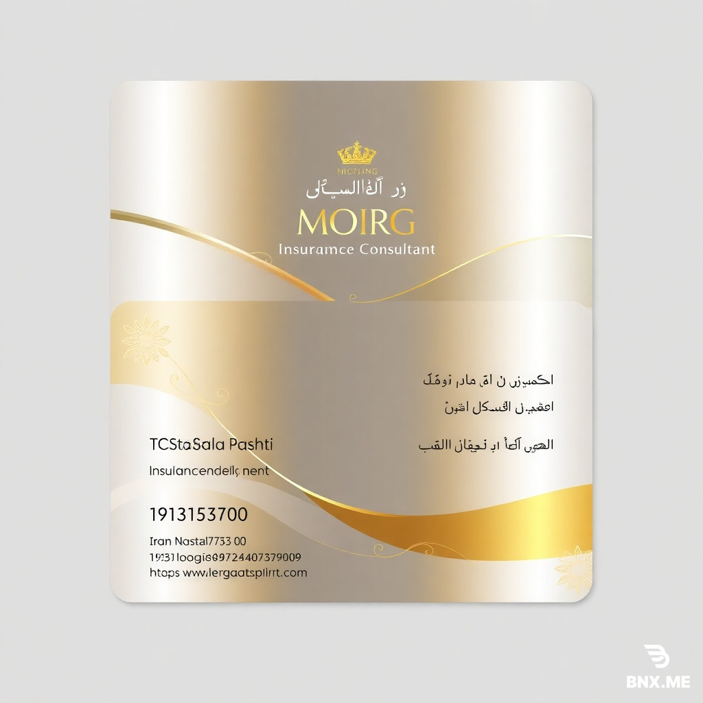 Design a horizontal, one-sided business card for "Mostafa Dashti", an insurance and investment consultant at "Moirg Insurance Consultants". The card number is 19310 and phone number is 09131527153. The card must feature a luxurious gold and silver gradient background, with an elegant and delicate design. Use IranNastaliq font for all Persian text. The company logo should be placed prominently. The overall style should be sophisticated and professional, suitable for a financial consultant. The layout should be clean and balanced, with all contact information clearly visible.