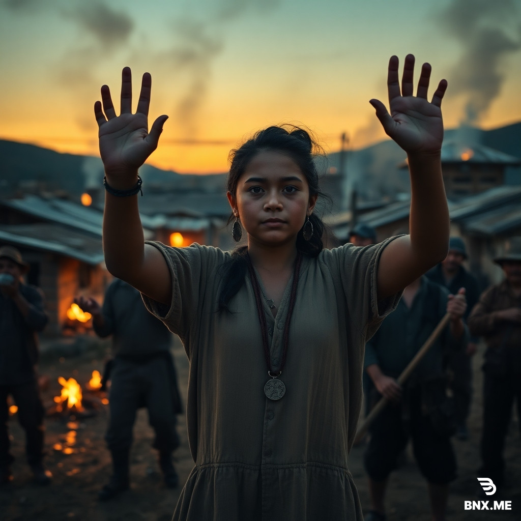 Escena dramática en un pueblo rural al atardecer. Casas de adobe y cultivos ardiendo al fondo. En primer plano, una joven valiente de rasgos indígenas, vestimenta humilde pero con expresión serena y firme, levanta ambas manos pidiendo paz. A su alrededor, dos grupos de campesinos enfrentados con palos y herramientas, algunos lloran, otros miran hacia ella. El humo llena el cielo. Un hombre mayor (Kido) y un joven herido (Daniel) están separados por ella. Iluminación de fuego y sol poniente. Estilo cinematográfico, 4K, realista.
