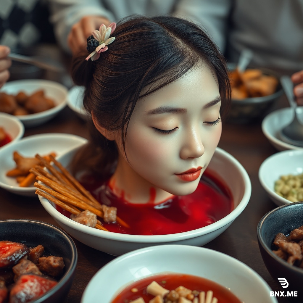 A beautiful high school Eastern Asian maiden's head cruely chopped off,put in a dish of meat on the dinner table,among cuisines,with cute hairpin,eyes closed,red liquid flowing below the head,as real as photo,with a face full of reality