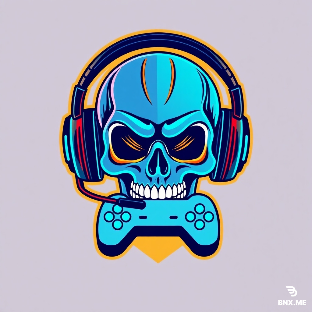 a cool esports logo for a streamer, stylized as a cyberpunk skull with gaming headphones and a controller, neon blue and orange colors, flat vector art, avatar design, transparent background