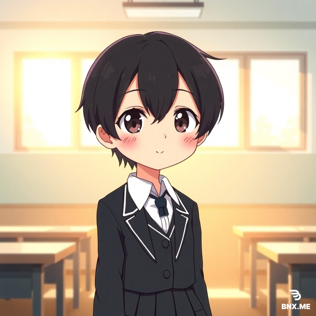 Androgynous anime boy with soft facial features and short dark hair. Wearing a neat Japanese school uniform with a dark pleated skirt, white shirt and dark blazer. Gentle shy smile, slight blush, big expressive eyes. Standing in a bright classroom with warm sunlight through the windows. Cute, wholesome atmosphere, high quality anime illustration, clean lineart, detailed, vibrant colors.