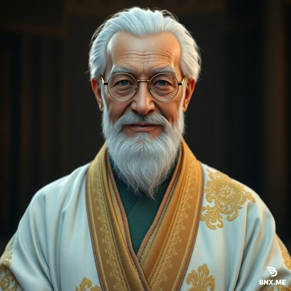 Hyper-realistic CGI, 8k resolution, Unreal Engine 5 render, Final Fantasy aesthetic, Subsurface scattering skin, Cinematic lighting, Ethereal glow, Detailed leather texture. An elderly man with a neatly trimmed white beard and round wire-rimmed spectacles. He wears ornate flowing white and gold robes of a high sage, with intricate gold embroidery along the sleeves and hem. His posture is calm and composed. His expression is gentle and warm, with a soft smile that reaches his eyes. Warm, soft lighting.