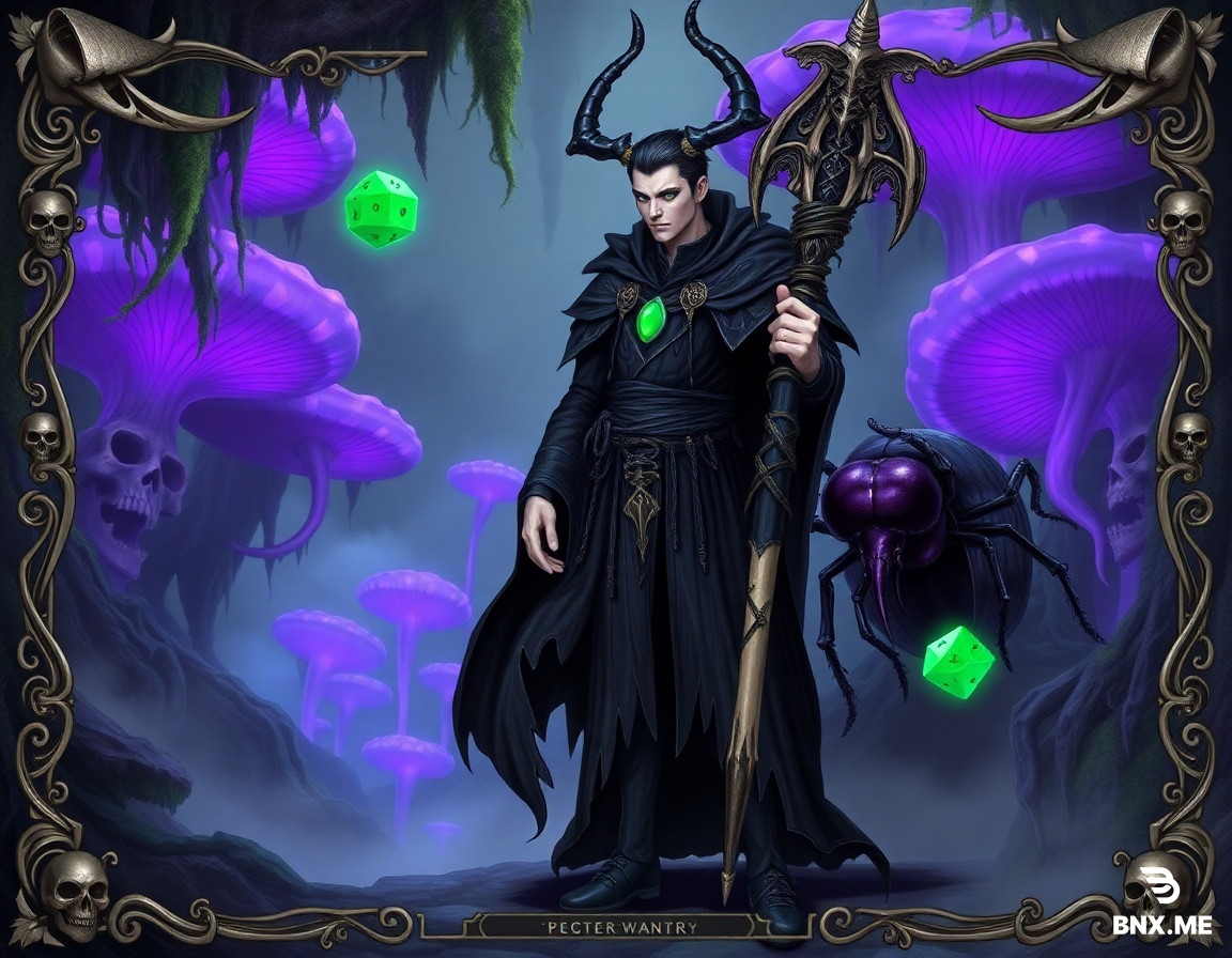 "A detailed Dungeons & Dragons TTRPG character sheet layout illustration for a Black Priest of the Death Domain from the Golgari Swarm guild. The central character is a tall, pale-skinned male humanoid with pitch-black hair and glowing pale green eyes, wearing ornate, tattered dark robes adorned with insect carapace and gold trim, holding a large bone staff wrapped in vines with a necrotic green gem. Beside him stands a giant, mutated dark purple stag beetle as a loyal companion. The background is a gloomy, overgrown underground crypt with massive glowing bioluminescent purple mushroom caps, hanging moss, and fog. The image is framed with intricate Gothic borders featuring skull motifs, creeping roots, and spectral moths. The composition includes empty stat block frames (with labels for Strength, Dexterity, Constitution, Intelligence, Wisdom, Charisma), empty skill checkboxes, a bonus section, and a floating crystalline green d20 die. Art style: dark fantasy MTG card art mixed with vintage D&D manual illustrations, highly detailed, rich deep greens, blacks, and muted purples, moody lighting, 8k, --ar 3:4"