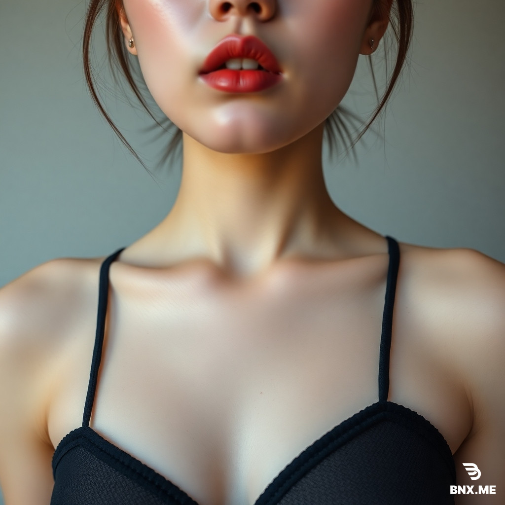 a woman in a black bra top posing for a picture, a picture, inspired by Huang Ji, tumblr, tachisme, y 2 k cutecore clowncore, neck zoomed in from lips down, gorgeous young korean woman, shiny white skin, reluvy5213