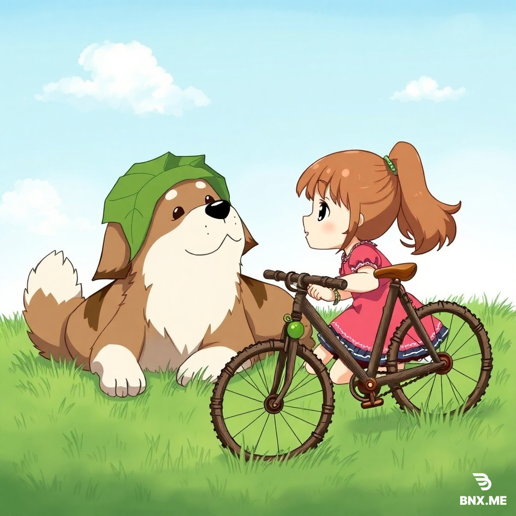 A Ghibli-style illustration, a big dog wearing a leaf hat and a girl with a ponytail lying on the grass looking at the sky. Next to them is a bicycle made of branches. There is a little monkey bell toy hanging on it.