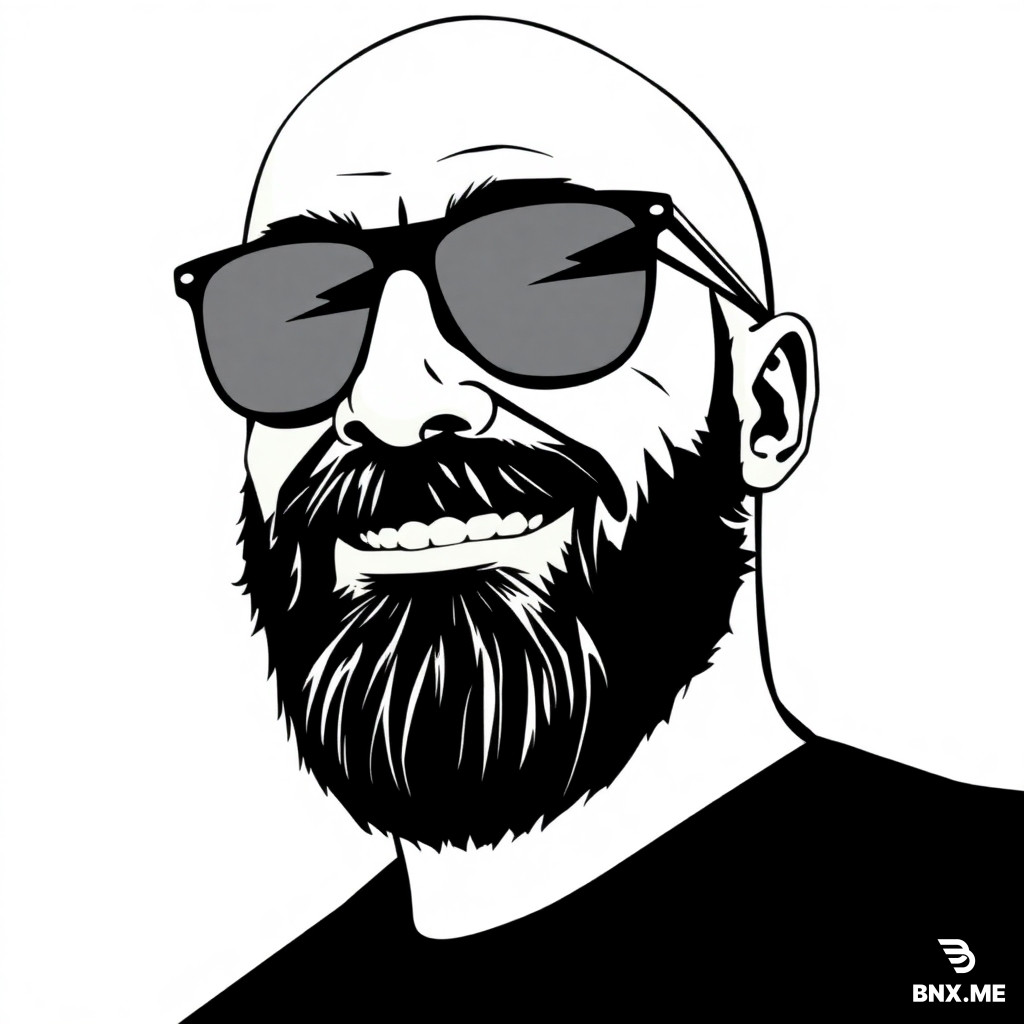 Stilizzata, bianco e nero, primo piano di un uomo sorridente, barba curata a punta, occhiali stile Ray-Ban (montatura sottile, lenti trasparenti, non da sole). Tratto minimale e pulito, linee nette, senza sfondo o sfondo neutro, illustrazione vettoriale, disegno in bianco e nero ad alto contrasto. Tratti più dolci e sorriso a bocca chiusa