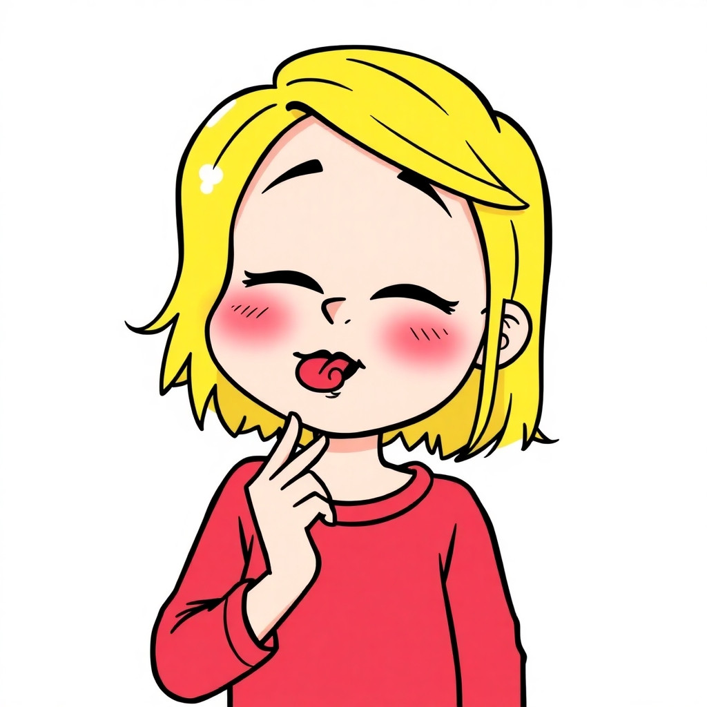 cartoon style drawing of a blonde girl, after eating, letting out a small burp, funny expression, cheeks puffed, hand near mouth, simple colorful background, comic style, cute and humorous"