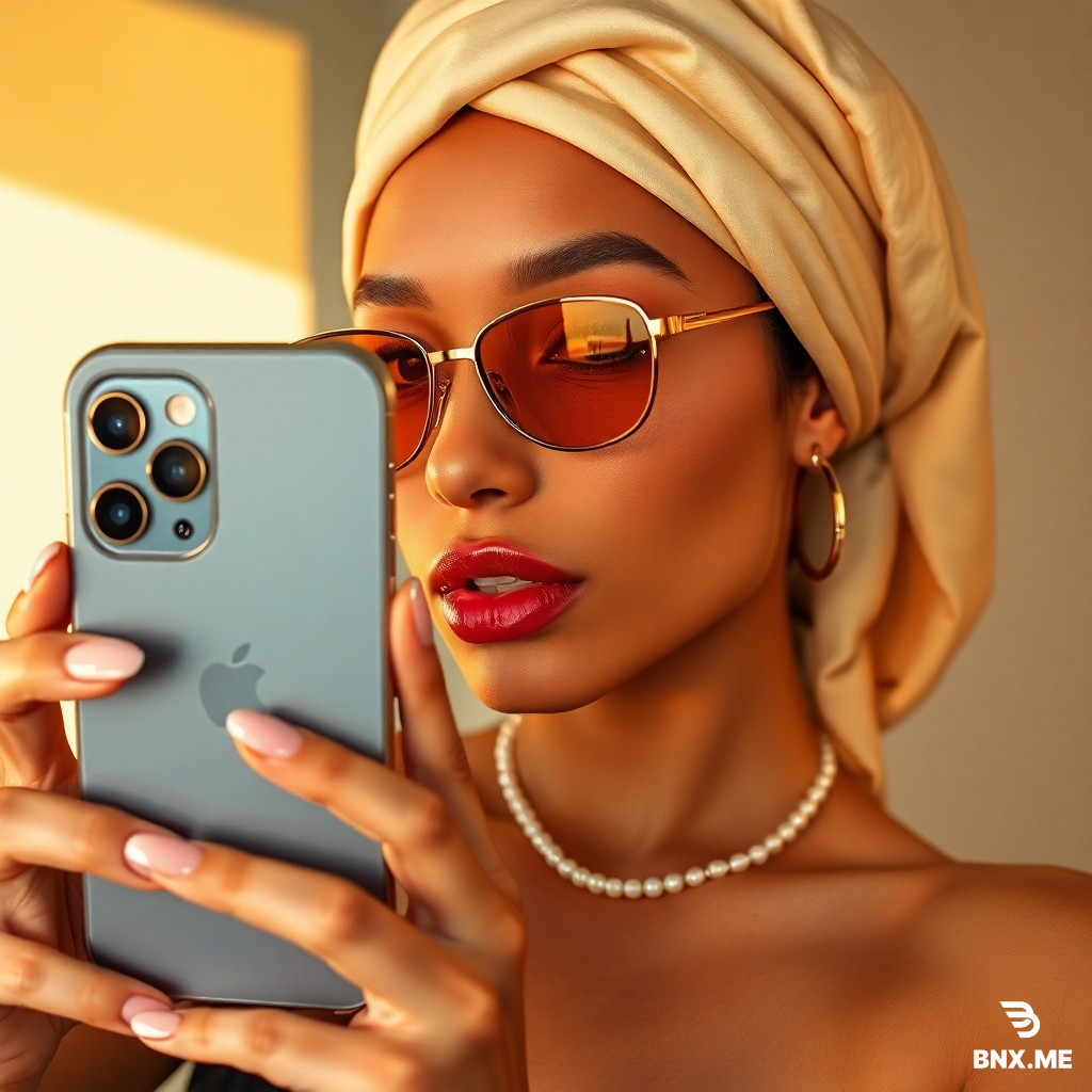 Stable Identity First Same model. Exact facial structure, realistic micro pores, peach fuzz catching warm light, subtle freckles and color variations. No identity drift. scene + styling Mirror selfie, warm golden-hour lighting from side. Headscarf: light beige satin wrap. Accessories: slim gold-rim sunglasses lowered on nose (oyes visible), small gold hoops, pearl-bead necklace. Outfit: strapless black top revealing collarbones. Nails: Baby-pink glossy almond shape, clean cuticles. Action iPhone 15 Pro held in transparent case. Soft sultry expression - lower lip slightly tucked, index finger resting gently on mouth. Camera + Mood Elegant, intimate i"hone realism. Clean neutral background. AR 4:5